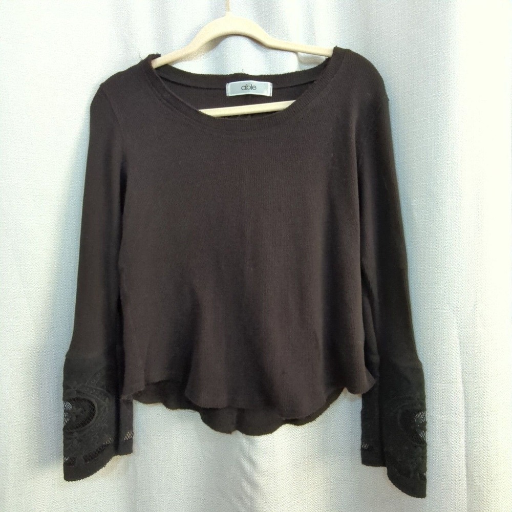 Able Thermal Top Womens Large Waffle Knit Black Lace Cuffs Cotton